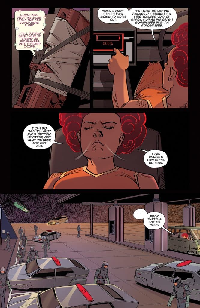 A comic book panel depicting a character with curly red hair in a vehicle, feeling determined while discussing a navigation dilemma with another character. In the background, a parking area crowded with police officers and vehicles is shown.