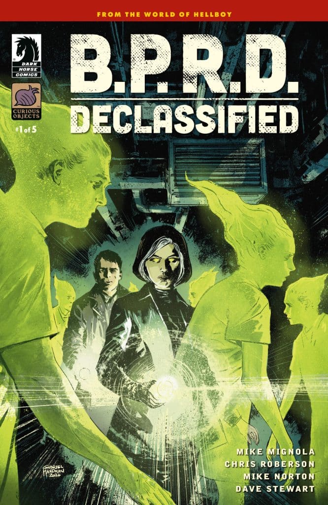 Comic book cover for 'B.P.R.D. Declassified', featuring a group of characters surrounded by vibrant green hues and mystical elements. The title is prominently displayed at the top, along with the names of the creators.