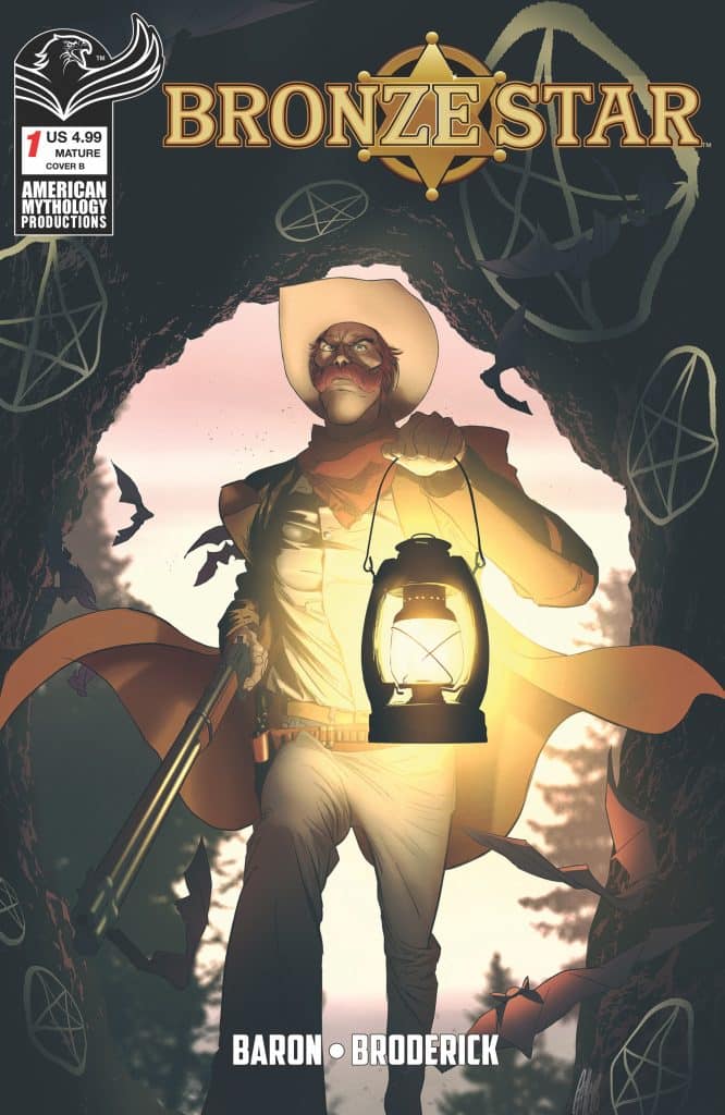 Cover of the comic book titled 'Bronze Star', featuring a character in western attire holding a lantern and a rifle, set against a dark background with trees and bats, suggestive of a mysterious or supernatural theme.