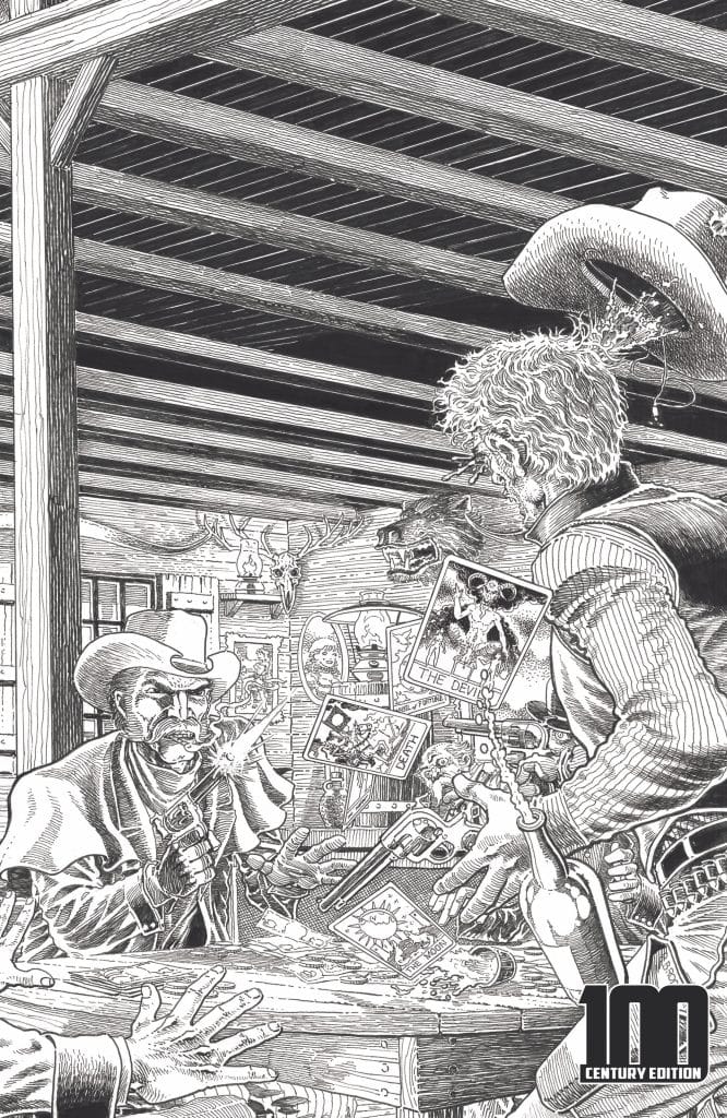 Illustration of a tense standoff in a rustic setting involving two cowboys; one holds a gun and the other shows various items like playing cards and a bottle.
