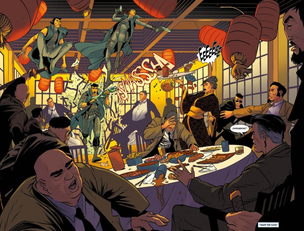 Action-packed comic scene depicting a chaotic restaurant brawl, with characters leaping through the air amidst flying food and red lanterns.