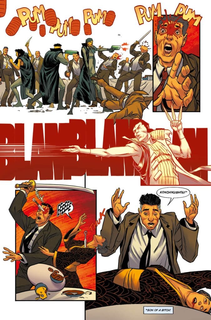 A dynamic comic panel featuring a chaotic fight scene with multiple characters in suits and action poses, using guns, swords, and showing expressions of shock and fear. Background elements include sound effects like 'BLAM' and 'RUM'.