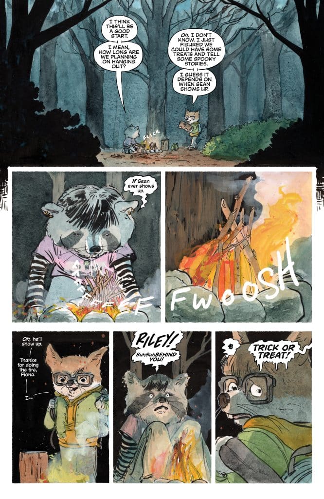 A comic panel featuring anthropomorphic raccoons in a forest setting. Two raccoons sit around a campfire discussing how long they plan to hang out. One raccoon has glasses and is worried about another character named Sean. The scene has a spooky atmosphere with dark woods and flames.