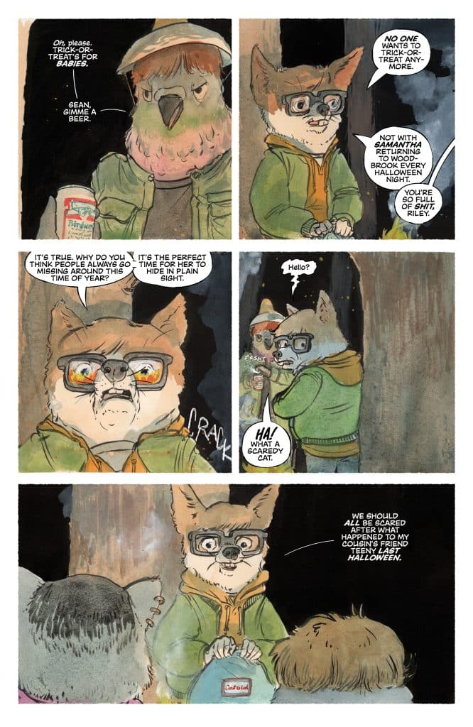 A comic panel featuring anthropomorphic animal characters discussing trick-or-treating while expressing fears about Halloween. One character, a bird-like figure wearing a hat, is humorously dismissive of the activity, while another, a cat-like character in glasses, expresses concern based on past events.
