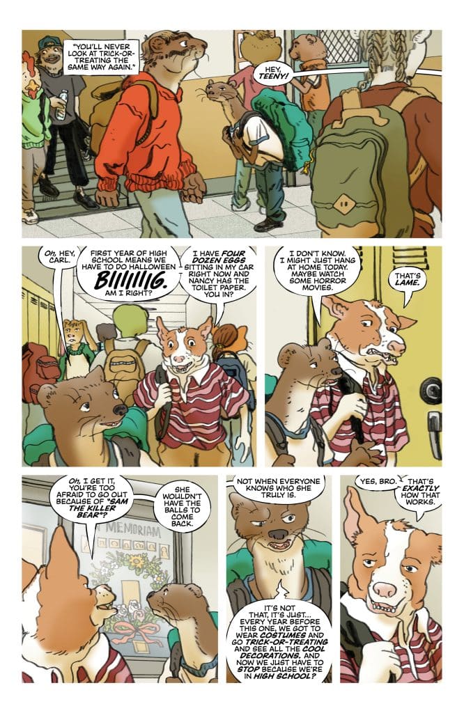 A comic strip featuring anthropomorphic animal characters discussing Halloween traditions and high school experiences.