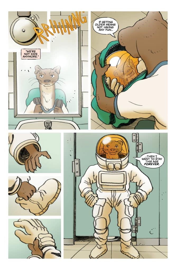 A comic strip depicting a character looking in a mirror, reflecting on growing up and the loss of fun. The character pulls out a space helmet and imagines themselves in an astronaut suit, expressing a desire to stay a certain age forever.
