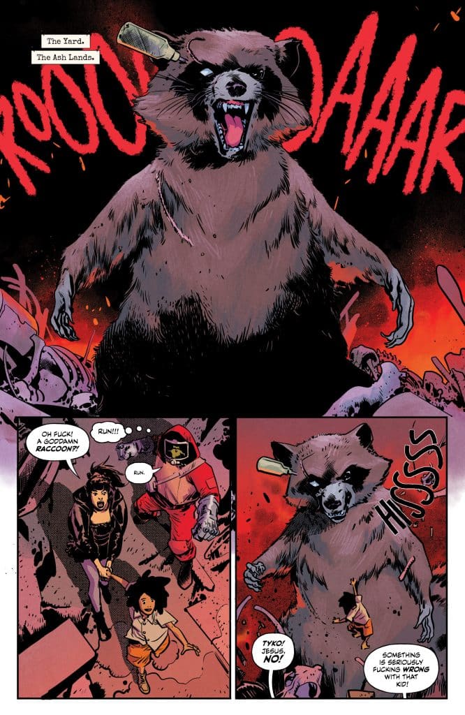 A large, angry raccoon stands in a dramatic pose with a bat in its hand, set against a vibrant, chaotic background. Two characters, a woman and a child, appear frightened in the foreground, while a figure in a red hoodie is seen running away, evoking a sense of urgent danger.