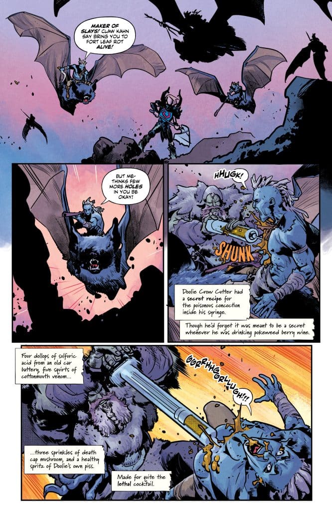 A comic panel featuring a fantasy scene with characters resembling bats and creatures engaging in a fight, one character holding a weapon. Dialogue bubbles present humorous exchanges about poison and cocktails.