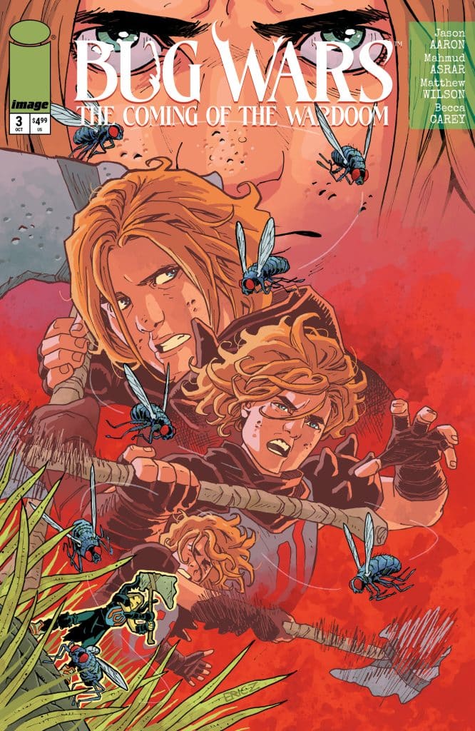 Comic book cover for 'Bug Wars: The Coming of the Wardoom', depicting intense characters battling against aggressive flies in a dramatic red landscape.