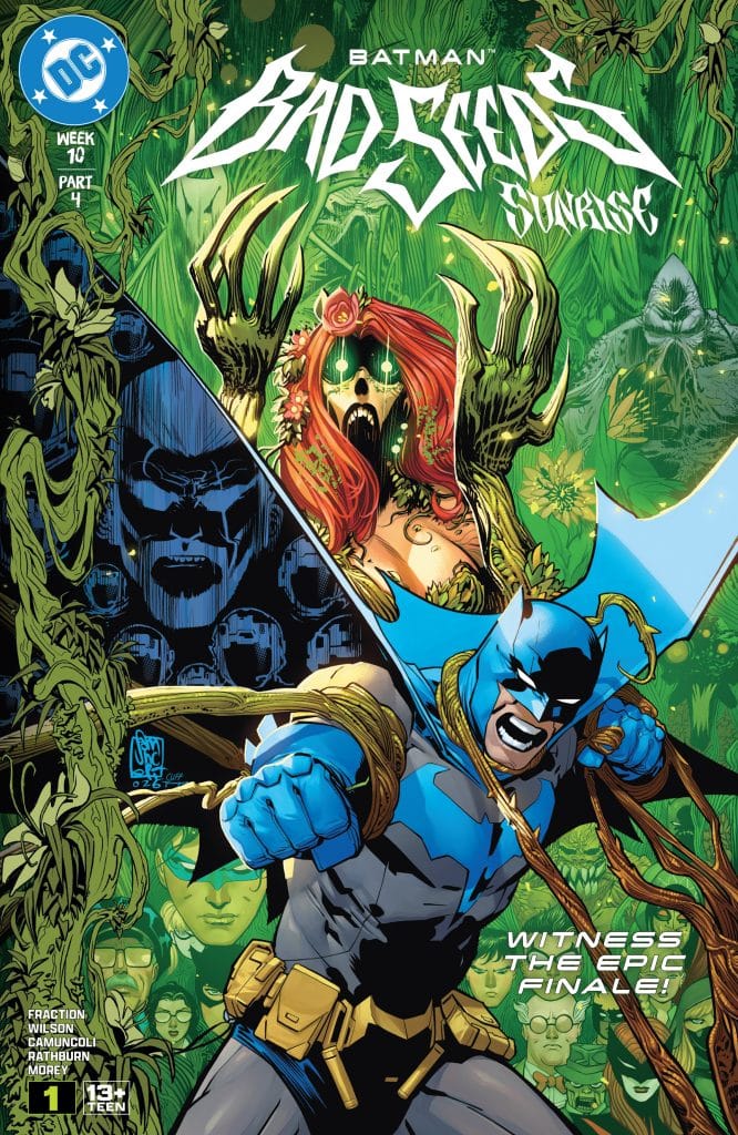 Comic book cover featuring Batman in a dynamic pose, battling against a sinister, plant-like creature and surrounded by ominous green backgrounds and other characters, with the title 'Batman: Bad Seeds - Sunrise' prominently displayed.