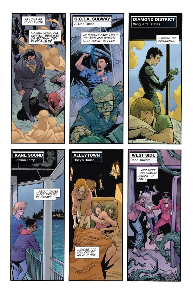 Comic panel depicting various scenes with characters in distress and conflict, including a discussion about city leaders, an emergency in a subway, and individuals at different locations like a house and a pier, all conveying a sense of urgency and danger.