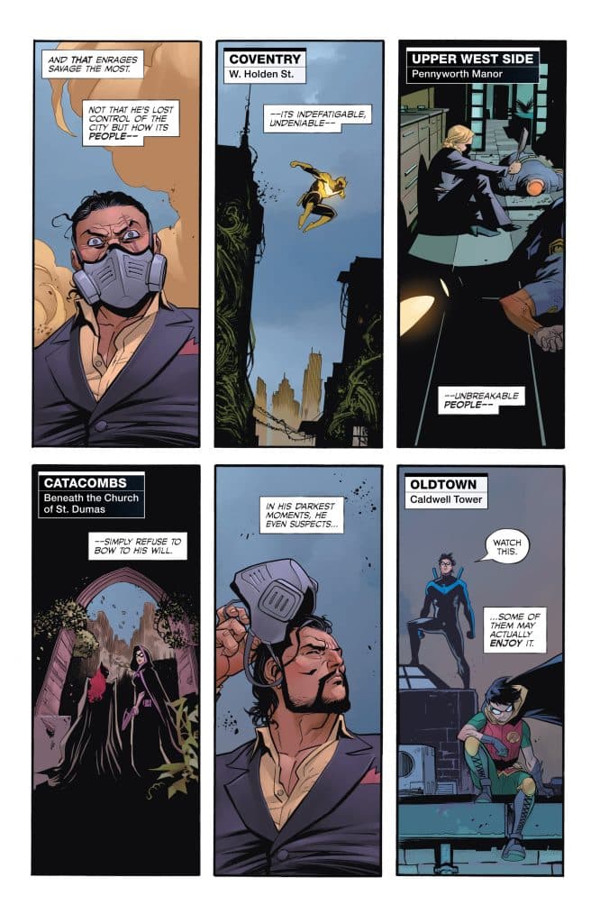 Comic panel featuring a man with a mask looking distressed, discussing a loss of control in a city.