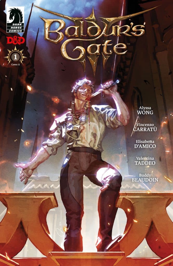 Cover art for Baldur's Gate comic #1 featuring a musician standing on a ledge, playing a lute with a dramatic expression, set against a background of a fantasy cityscape.