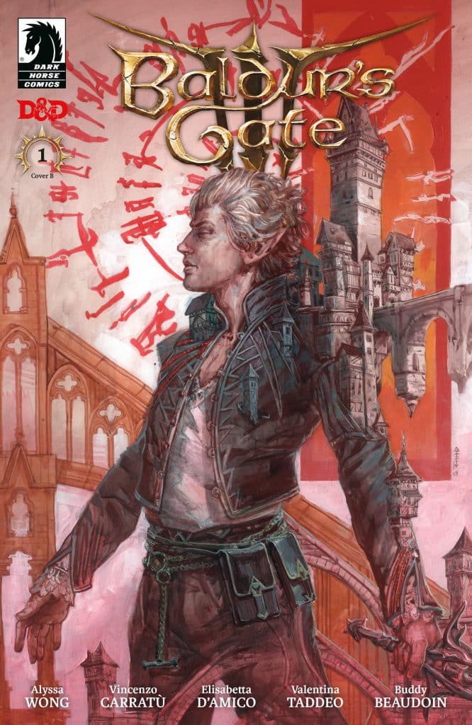 Cover of Baldur's Gate comic featuring an elf character in a dramatic pose, with a fantasy cityscape in the background.