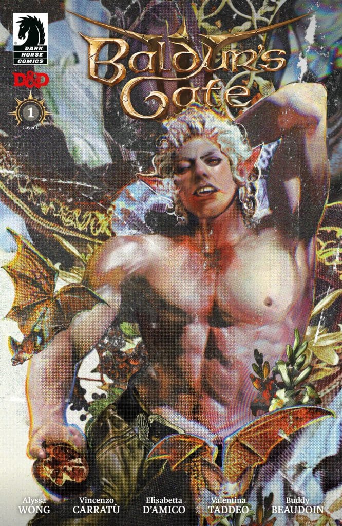 Comic book cover for Baldur's Gate, featuring a muscular character with elf-like features and intricate fantasy elements, including bats and foliage.
