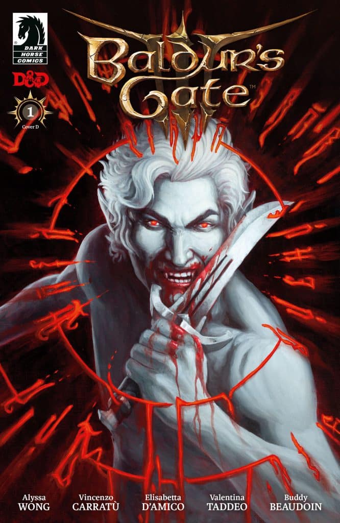 Cover art for Baldur's Gate comic issue #1, featuring a pale-skinned character with red eyes and blood, wielding a dagger surrounded by dark, dramatic swirls and blood-like patterns.