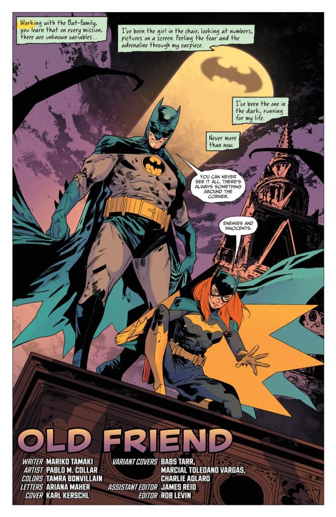 A comic book cover featuring Batman and Batgirl in a dramatic pose. Batman stands protectively in the foreground, while Batgirl appears in a dynamic stance, both set against a nighttime cityscape with a full moon. The title 'OLD FRIEND' and credits for the creative team are displayed prominently at the bottom.