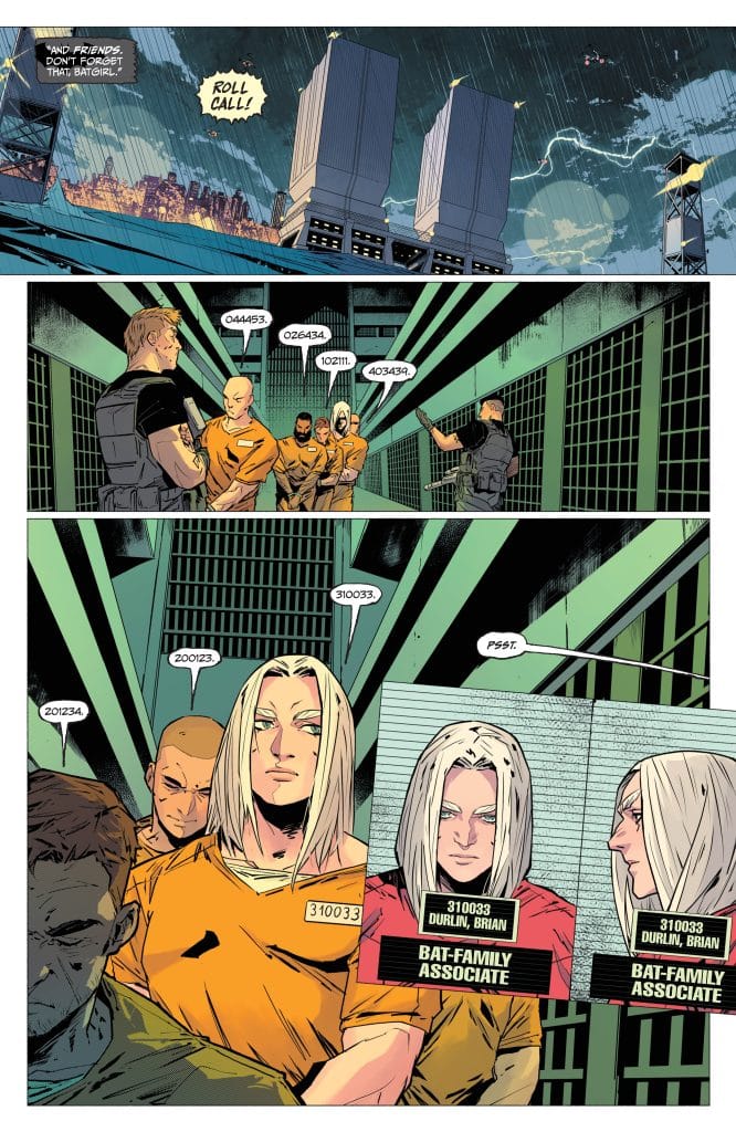 Comic book scene depicting a dramatic city skyline with stormy weather, featuring two tall buildings.