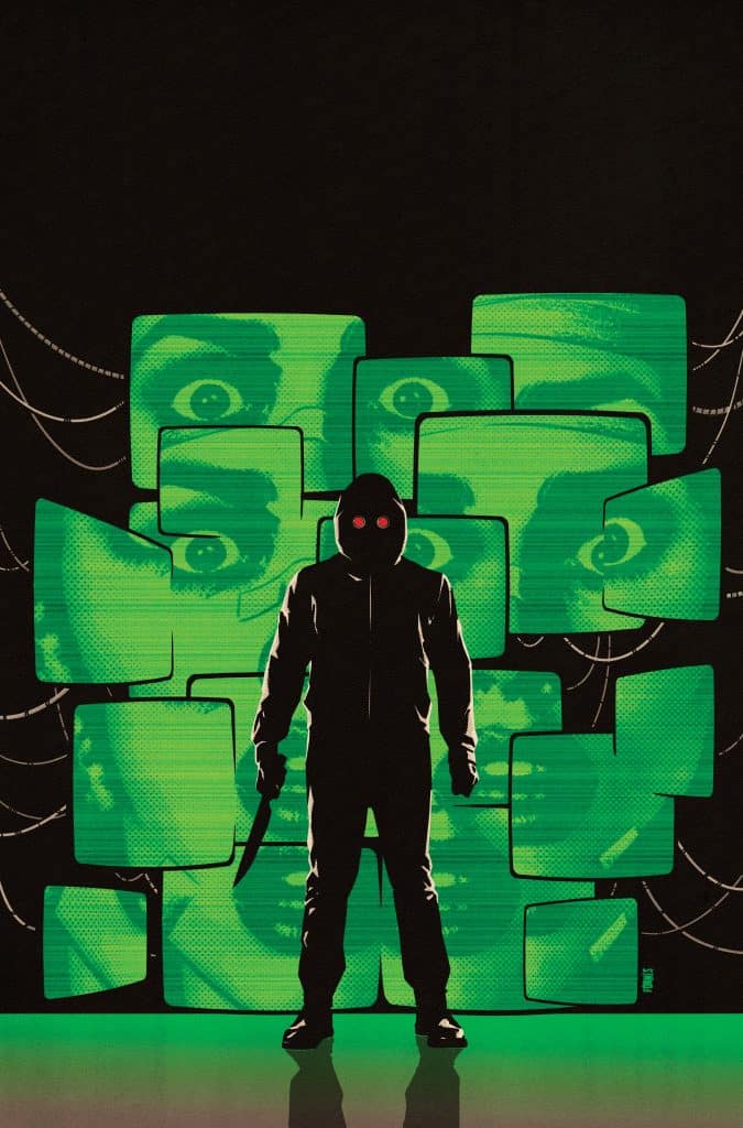 A menacing figure in a black hooded outfit stands holding a knife, silhouetted against a backdrop of green screens displaying eyes and faces.