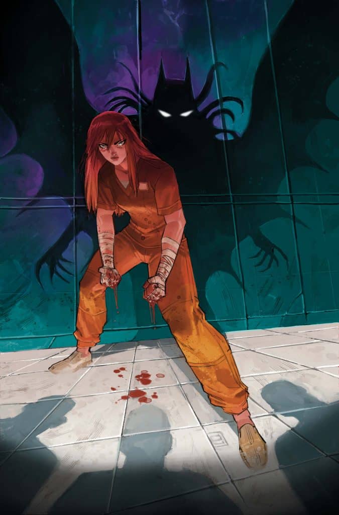 A young woman in an orange prison jumpsuit stands in a dimly lit room, her hands bloodied and bandaged, facing forward with an intense expression. A large shadow resembling a bat looms ominously behind her, creating a dramatic contrast with the colorful background.