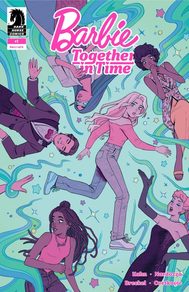 Comic book cover depicting multiple diverse characters, including Barbie, in whimsical poses amidst colorful swirls and stars, with the title 'Barbie: Together in Time' prominently displayed.