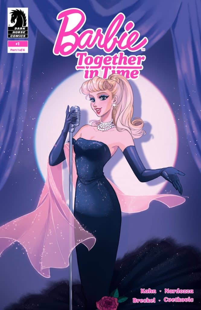 Cover of the comic 'Barbie: Together in Time' featuring a glamorous Barbie in a black gown and gloves, holding a microphone on stage, with a pink scarf and a spotlight behind her.