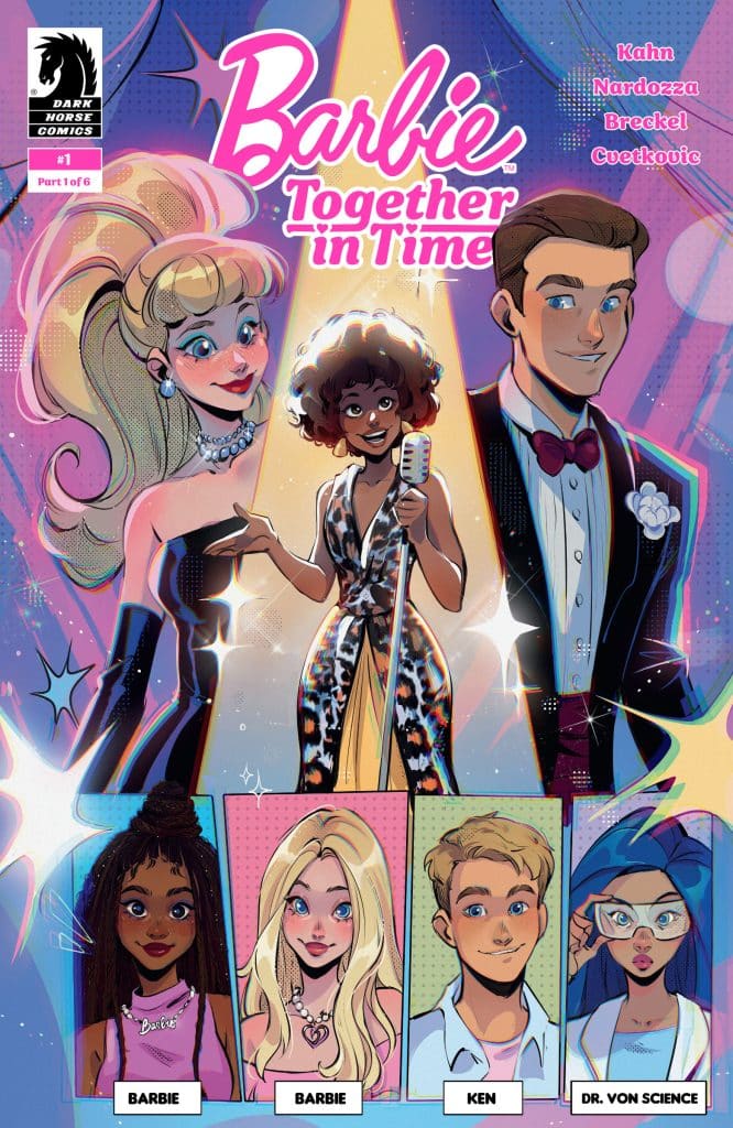 Comic book cover for 'Barbie: Together in Time' featuring four characters: two versions of Barbie, Ken, and Dr. Von Science. The design includes vibrant colors and playful elements.