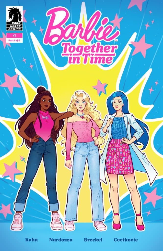 Cover of the comic book 'Barbie: Together in Time' featuring three diverse female characters in stylish outfits against a colorful background with stars.
