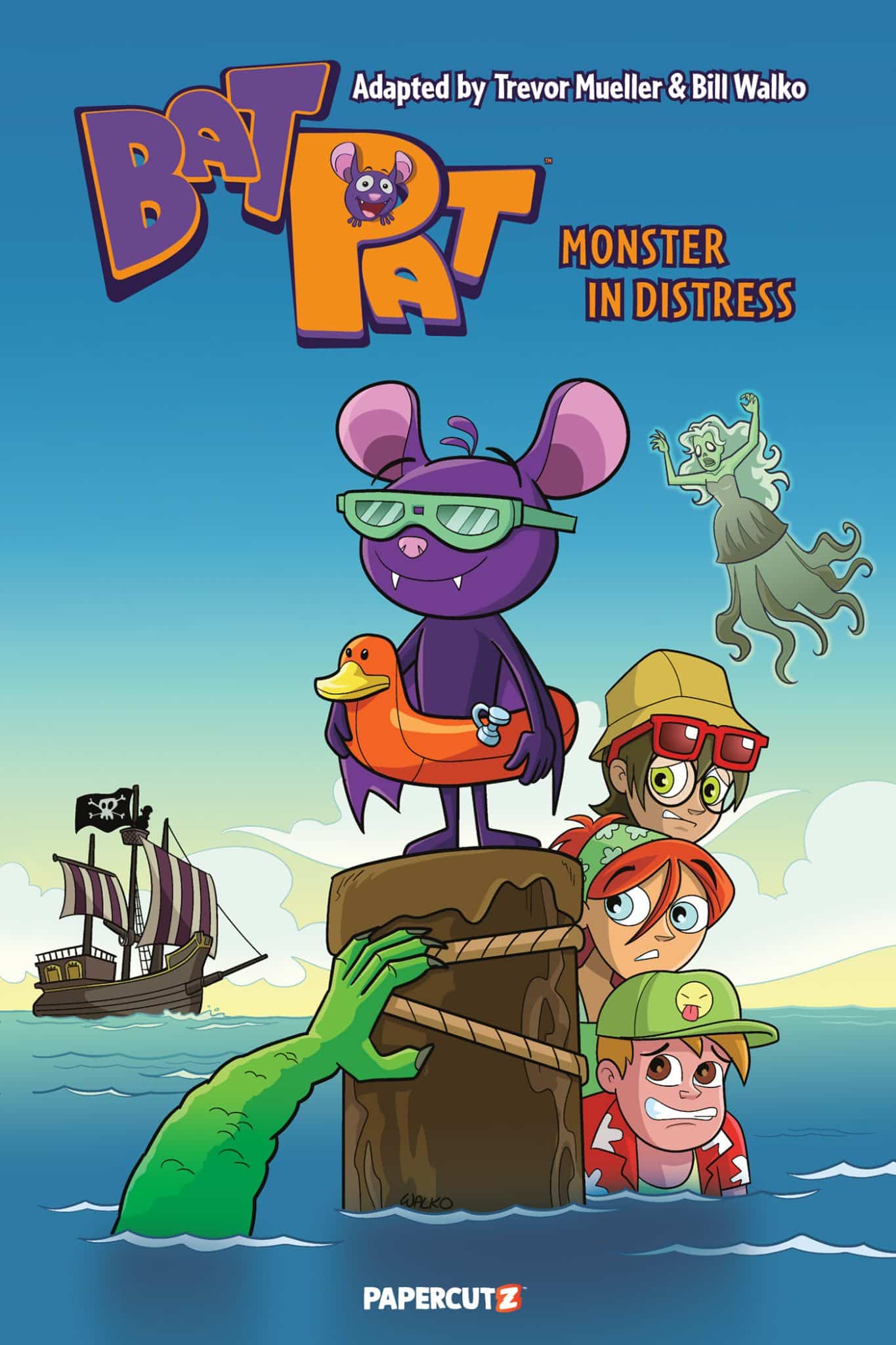 Colorful cartoon cover of 'Bat Pat: Monster in Distress' featuring a purple bat wearing sunglasses, a duck, and four characters on a wooden pier, with a pirate ship in the background and a green monster emerging from the water.