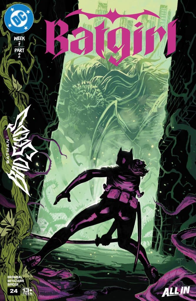A dark and moody comic book cover featuring Batgirl silhouetted against a greenish background, set in a ruined cityscape. The atmosphere is tense, with tentacle-like creatures emerging from the environment, indicating a sense of danger.