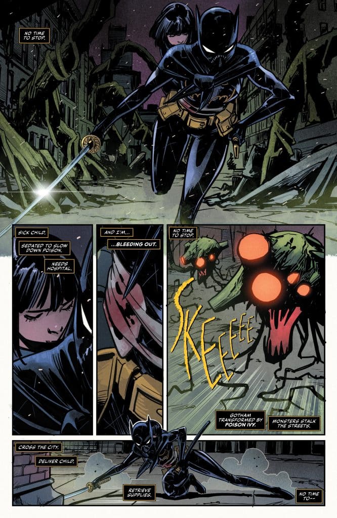 A superheroine dressed in a dark suit and mask, carrying a young girl on her back through a dystopian city landscape filled with overgrown plants and eerie creatures. The scene conveys urgency and danger as dialogue reveals the girl is injured and in need of medical help.