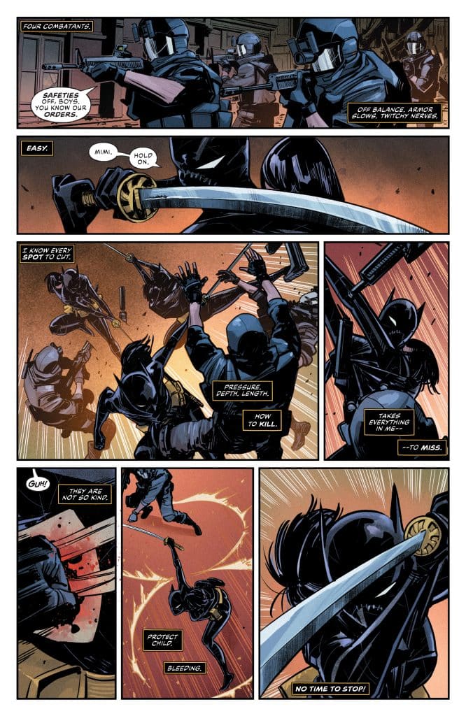 A comic book page featuring a darkly dressed warrior battling multiple masked opponents armed with rifles. The warrior wields a sword, engaging in intense combat while showing determination and skill. Speech bubbles indicate the tension and urgency of the situation.