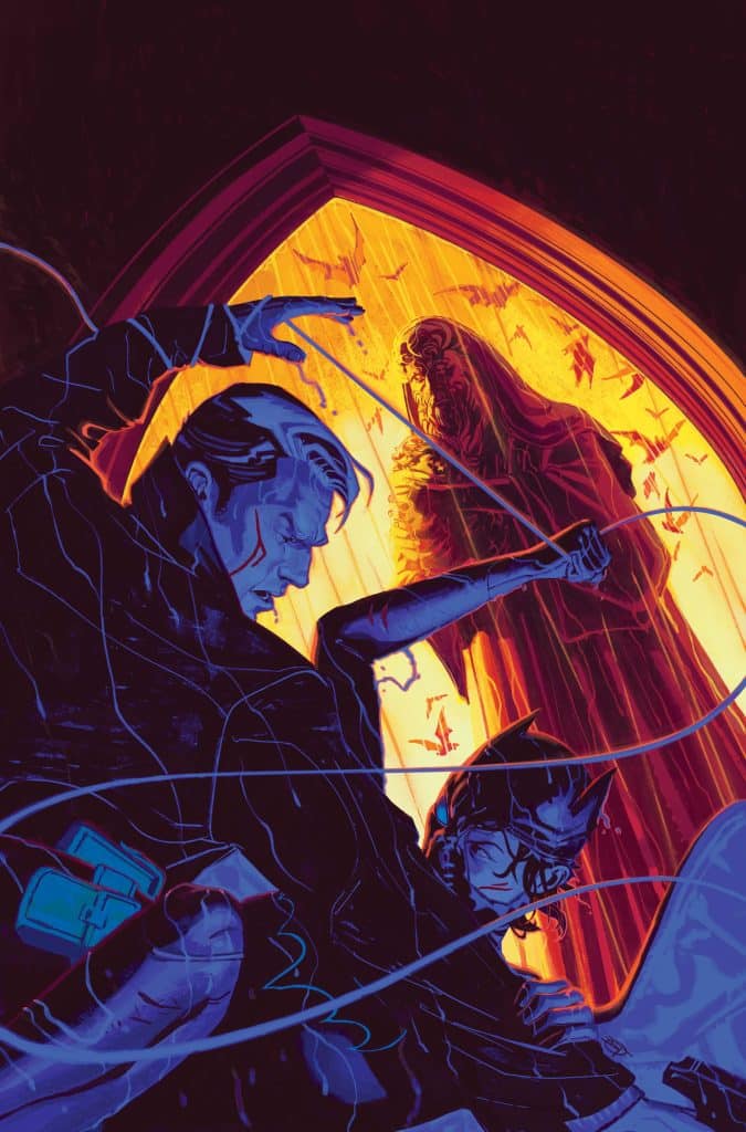 A dramatic illustration featuring two figures in a struggle, with one person on the ground and another appearing menacingly in the background. The scene is illuminated by a vibrant, fiery glow, contrasting with dark shadows, creating an overall tense atmosphere.
