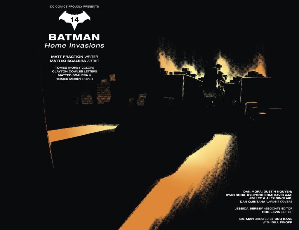 Comic book cover featuring Batman titled 'Home Invasions,' with credits for the writer Matt Fraction and artist Matteo Scalera, featuring dark and moody colors.