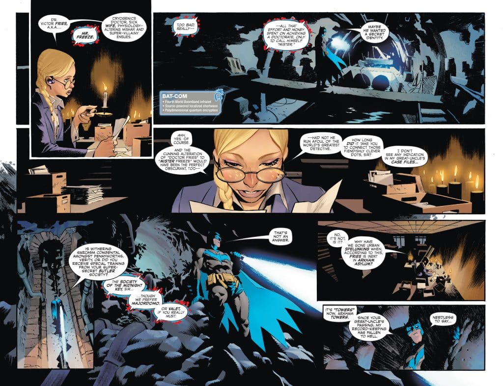 A comic book panel featuring a character working at a desk with candles and papers, while another character, dressed as Batman, stands in a shadowy area with a light. The scene includes dialogue between the characters about a villain named Mr. Freeze.