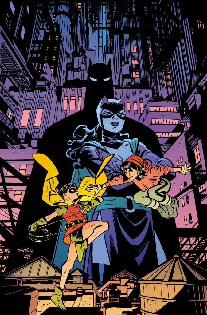 Batman stands in the background with a shadowy presence, while Batgirl and Robin engage in action with two other figures, set against a vibrant city skyline.
