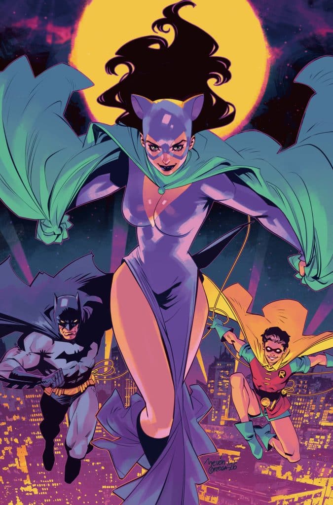 A dynamic illustration of Catwoman leading Batman and Robin, set against a vibrant city skyline with a full moon in the background. Catwoman is depicted in a purple costume with a green cape, while Batman wears his traditional dark attire and Robin is in a colorful costume.