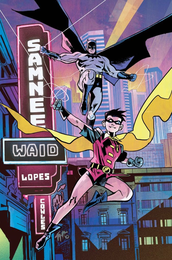 Dynamic comic art featuring Batman and Robin in an urban setting, with skyscrapers in the background and comic-style graphics.