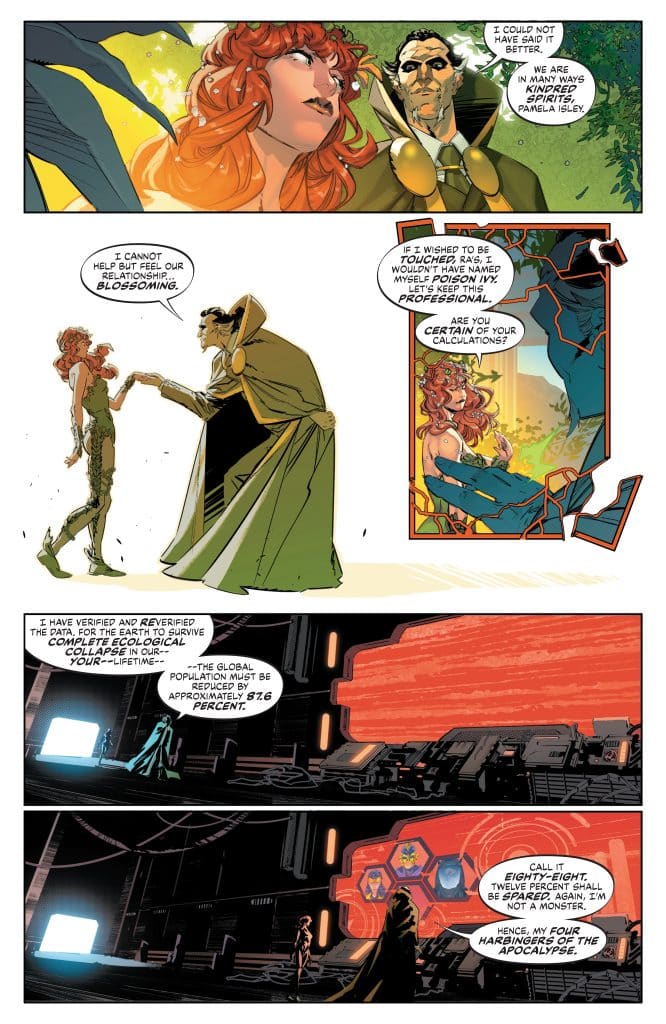 A comic book panel featuring Poison Ivy and another character discussing ecological concerns. Poison Ivy has red hair and a determined expression, while the other character is dressed in a green cloak. The dialogue reveals a conversation about population reduction for ecological survival.