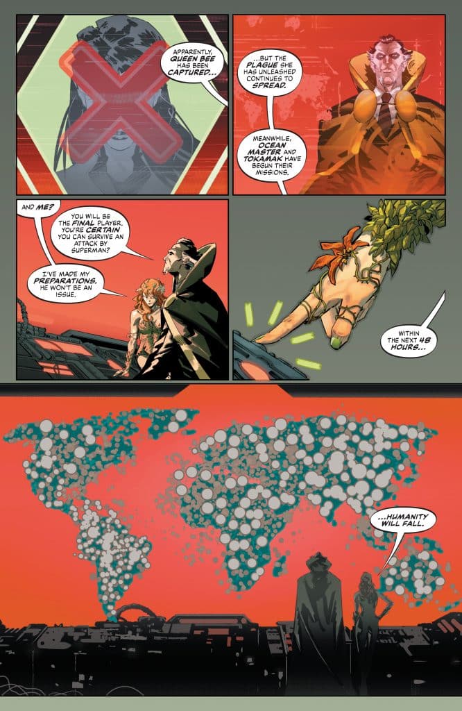 A comic book panel featuring multiple characters discussing a captured individual, with a prominent world map illustration in the background. The scene portrays a tense atmosphere as the characters strategize amid an impending threat to humanity.