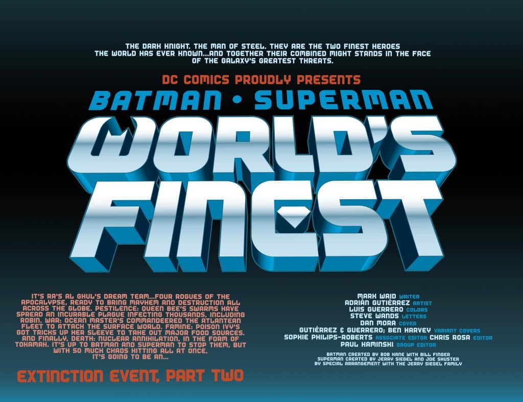 Cover art for the comic "Batman/Superman: World's Finest" featuring a bold title and credits for the creative team, set against a dark gradient background.