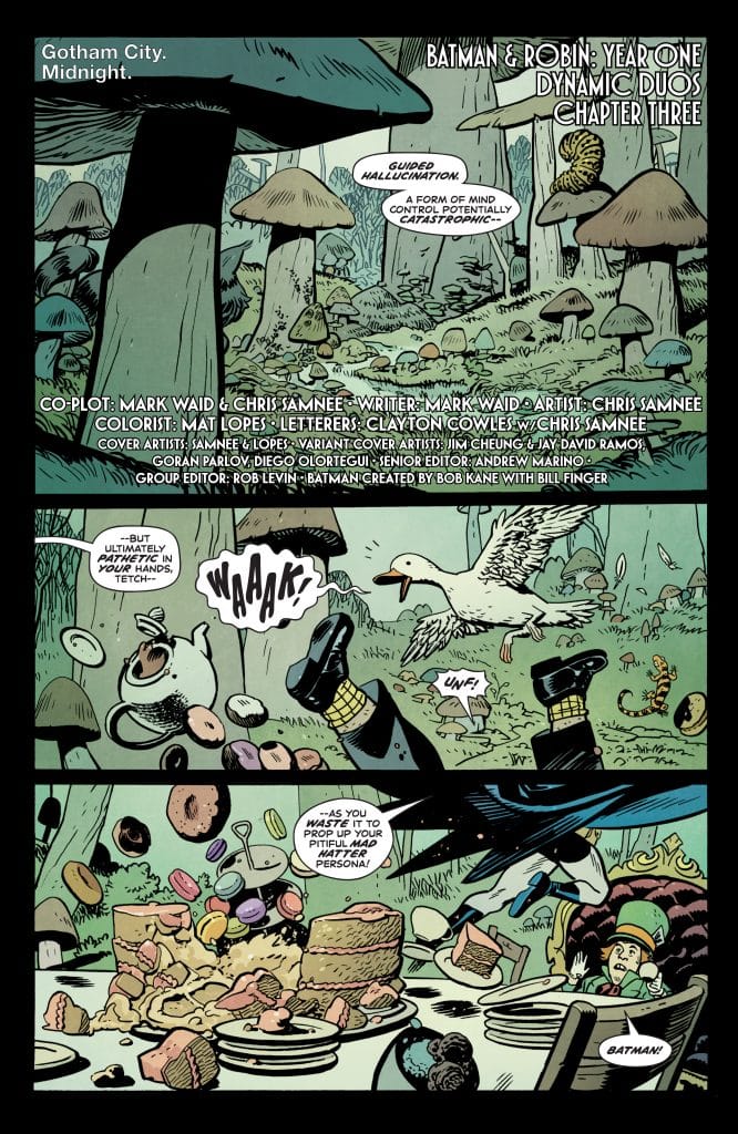 A whimsical comic scene featuring Batman and Robin in a colorful, mushroom-filled landscape with a humorous dialogue about mind control and indulgence in desserts.