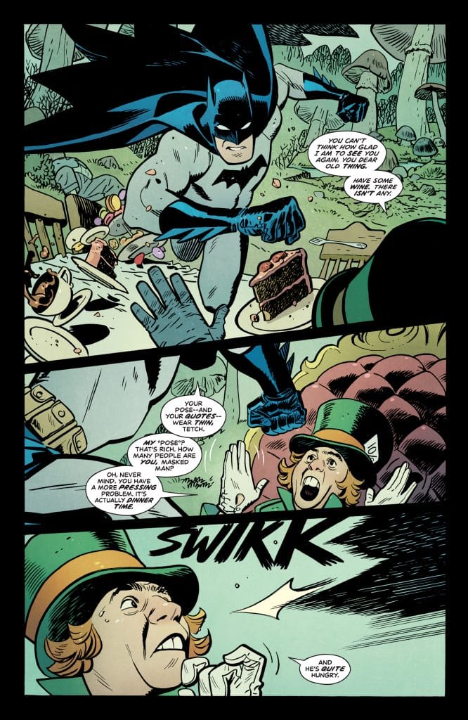 A comic panel featuring Batman interacting with a whimsical character in a colorful, chaotic setting, with various food items scattered around.