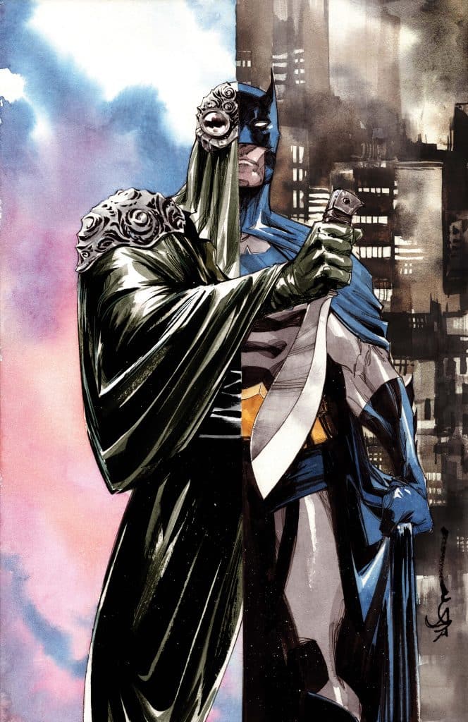 A digital artwork featuring a split composition of two characters: on one side, a mysterious figure in a black cloak with ornate details, and on the other side, a classic superhero in a dark costume, holding a weapon. The background showcases contrasting environments with a cloudy sky and a cityscape.