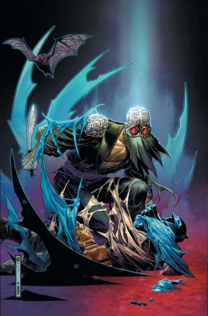 A character with two heads, wearing masks with intricate designs, crouches in an action pose. They wield weapons made of glowing blue energy, surrounded by a dark atmosphere with a bat flying overhead.