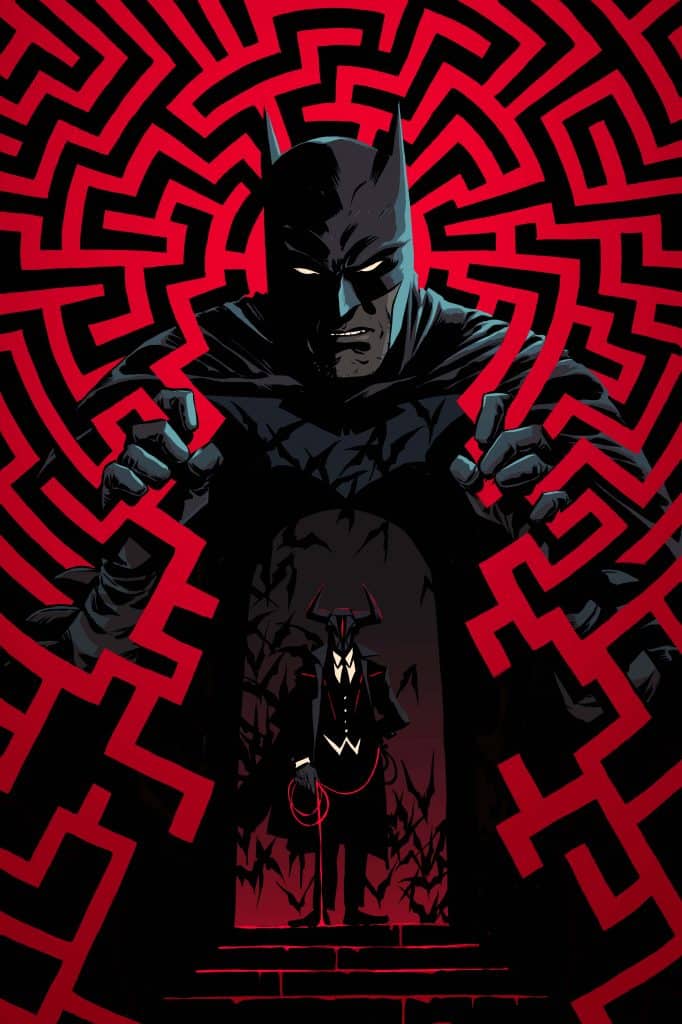 A dramatic comic-style illustration featuring a shadowy figure resembling a vigilante in a dark costume, set against a swirling red maze background, with a contrasting figure in a suit holding a whip in the foreground.