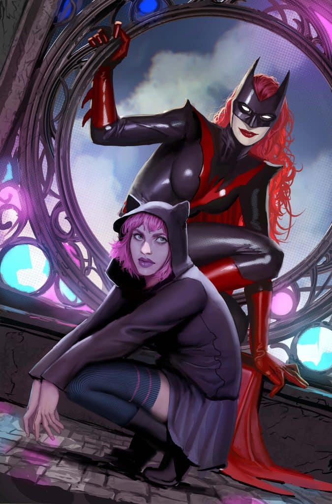 Two female superheroes posed dramatically in a stylized, colorful setting. One is dressed in a red and black superhero costume, while the other wears a black hooded outfit with cat-like features.