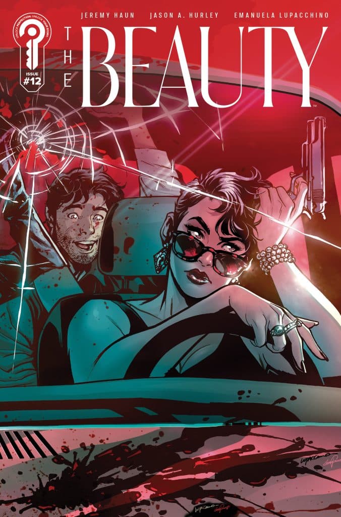 Cover art for 'The Beauty' comic issue #12, featuring a stylish woman with sunglasses driving a car, holding a gun, while a man in the backseat appears startled. The background includes bold colors and dynamic effects, enhancing the comic's tense atmosphere.