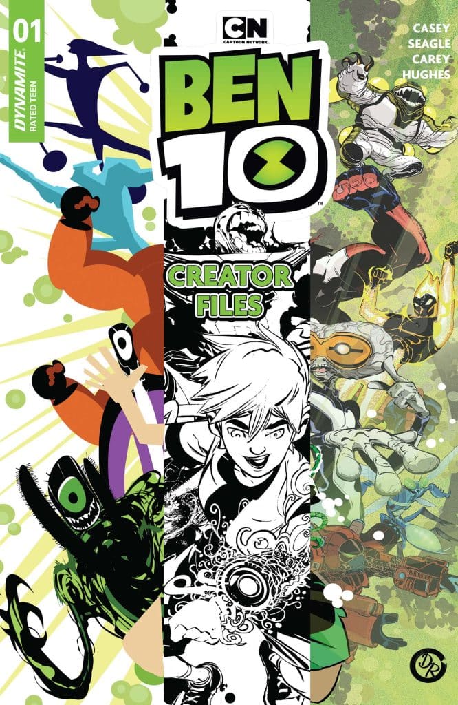 Comic book cover for 'Ben 10: Creator Files' featuring vibrant illustrations of characters and action scenes from the series.