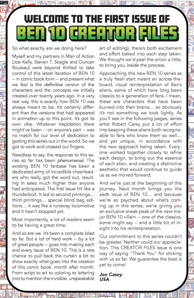 An introductory page from the first issue of 'Ben 10 Creator Files', featuring a welcoming message from Joe Casey. The text discusses the creators' excitement and dedication to the new iteration of Ben 10, highlighting their approach to character development and artistic direction.